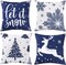 Christmas Decorations Velvet Pillow Covers 18x18 Inch Set of 4 Farmhouse Outdoor Decorative Pillows Winter Holiday Decor Snowflake Xmas Tree Deer Throw Cushion Covers for Sofa Couch, Blue